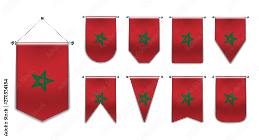 Set of hanging flags of the MOROCCO with textile texture. Diversity shapes of the national flag country. Vertical Template Pennant for background, travel banner, logo,award, achievement, festival Set of hanging flags of the MOROCCO with textile texture. Diversity shapes of the national flag country. Vertical Template Pennant for background, travel banner, logo,award, achievement, festival