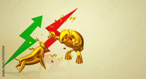 3d rendering gold bull and bear business content. © niphon