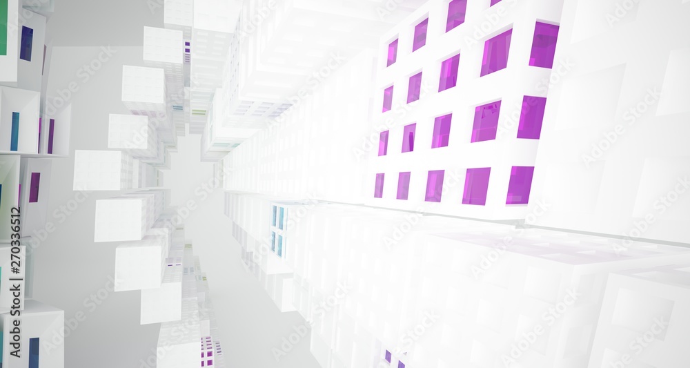 Fototapeta premium Abstract white and colored gradient glasses interior multilevel public space with window. 3D illustration and rendering.
