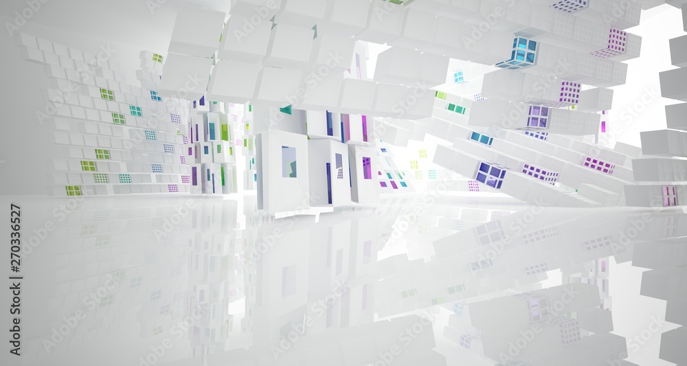 Fototapeta premium Abstract white and colored gradient glasses interior multilevel public space with window. 3D illustration and rendering.