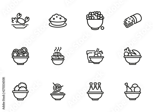 Meals line icon set. Bowl, chicken, Chinese noodle. Food concept. Can be used for topics like cooking, restaurant, dinner