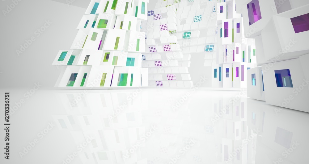 Abstract white and colored gradient glasses interior multilevel public space with window. 3D illustration and rendering.