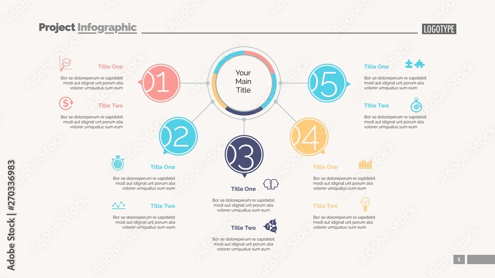 Five points process chart slide template. Business data. Structure ...