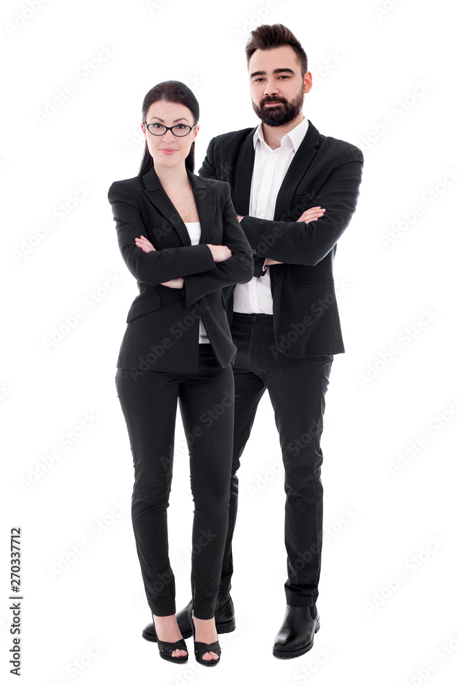 young couple in business suits isolated on white young couple in business suits isolated on white