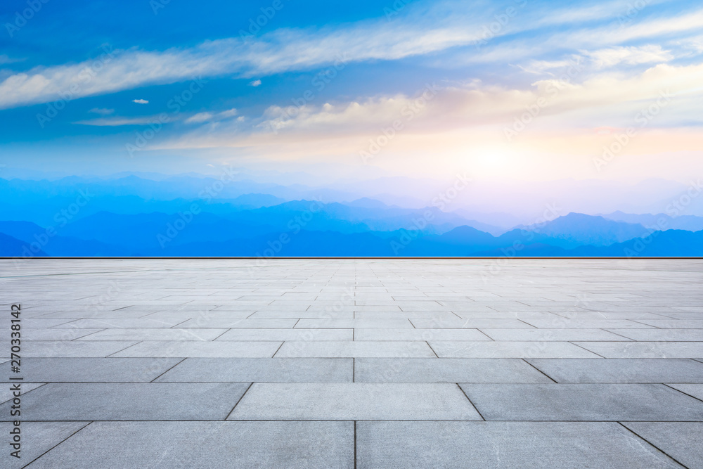 Empty square floor and beautiful huangshan mountains nature landscape at sunrise