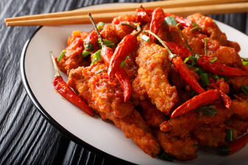 Chinese food chicken in Schezwan sauce close-up on a plate. horizontal