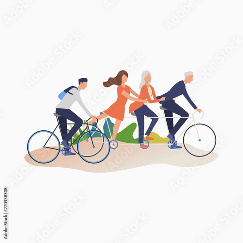 Friends enjoying cycling cartoon illustration. Men and women riding bikes. Leisure concept. Vector illustration can be used for topics like outdoor activities, summer, family