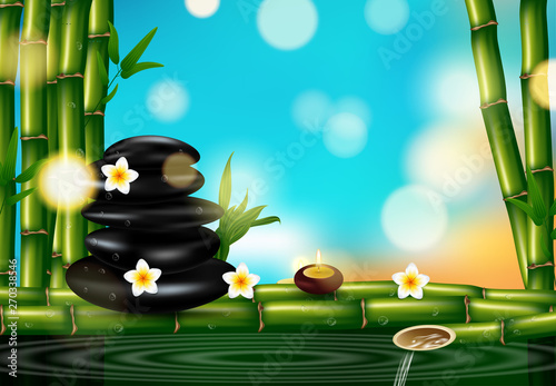 Vector illustration of a realistic style, set for spa treatments with aromatic salt , massage oil, candles on the background of bamboo shoots