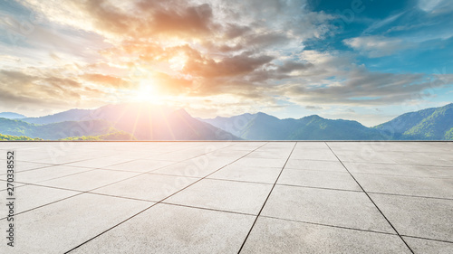 Empty square floor and beautiful mountains nature landscape at sunset