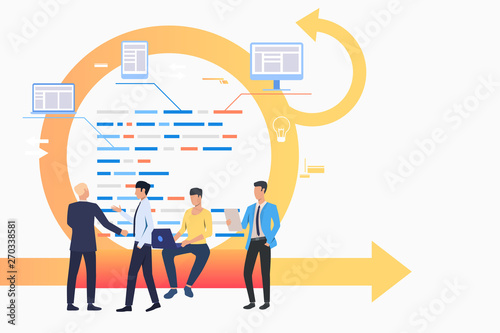 Scrum team discussing tasks. Arrow, report, working on laptop, conversation. Business concept. Vector illustration can be used for topics like agile management, teamwork, communication