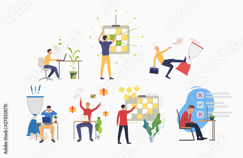 Set of time management activities. Man working at laptop, sticking notes, following schedule. Business concept. Vector illustration can be used for topics like work on project and deadline