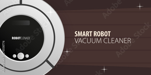 Robot vacuum cleaner on wooden floor. Smart Technologies.