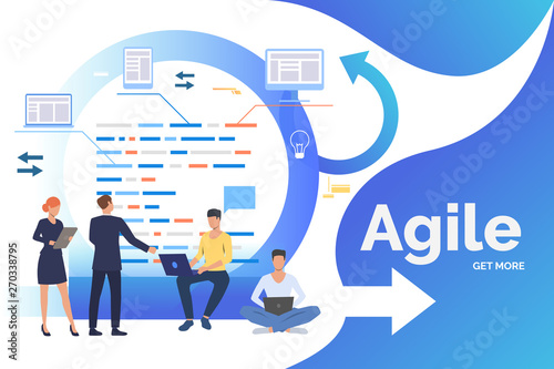 Teem discussing tasks at Kanban board. Scrum meeting, conversation, working on laptop. Business concept. Vector illustration can be used for presentation slides, landing pages, posters