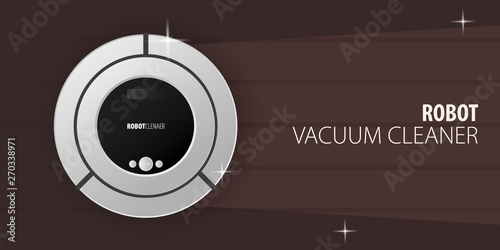 Robot vacuum cleaner on wooden floor. Smart Technologies.