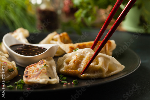Original Japanese dumplings Gyoza with chicken and vegetables.Front view. Dark blue backgrund. photo