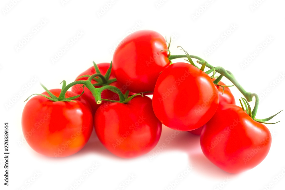 lots of red ripe tomatoes on a branch, on a white background lots of red ripe tomatoes on a branch, on a white background