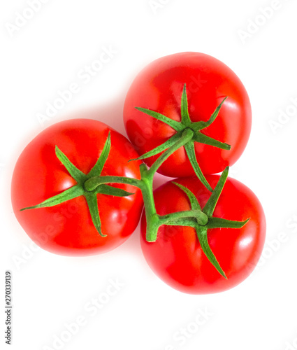 three tomatoes on a branch isolated on a white background,top view