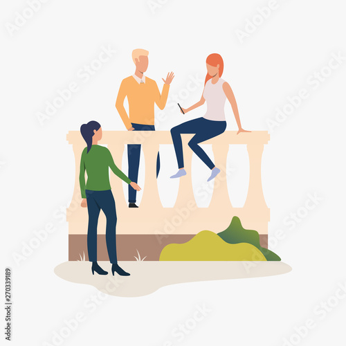 People sitting and standing at park parapet and chatting. Recreation, vacation, leisure concept. Vector illustration can be used for topics like lifestyle, tourism, holiday