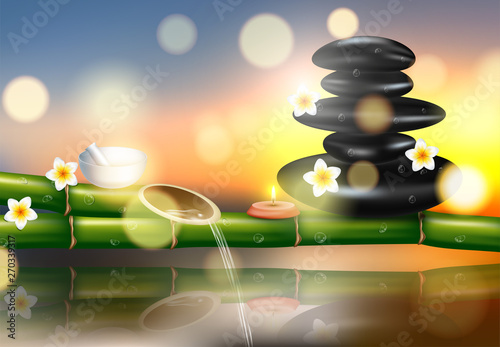 Vector illustration of a realistic style, set for spa treatments with aromatic salt , massage oil, candles on the background of bamboo shoots