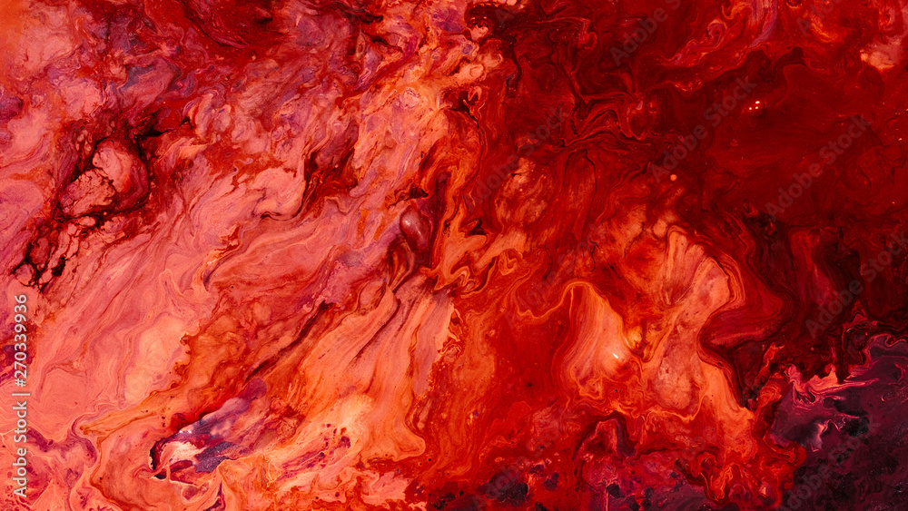 Abstract red paint background. Color gradient texture. Liquid mix fluid blend surface. Acrylic marble effect layer technique. - obrazy, fototapety, plakaty 