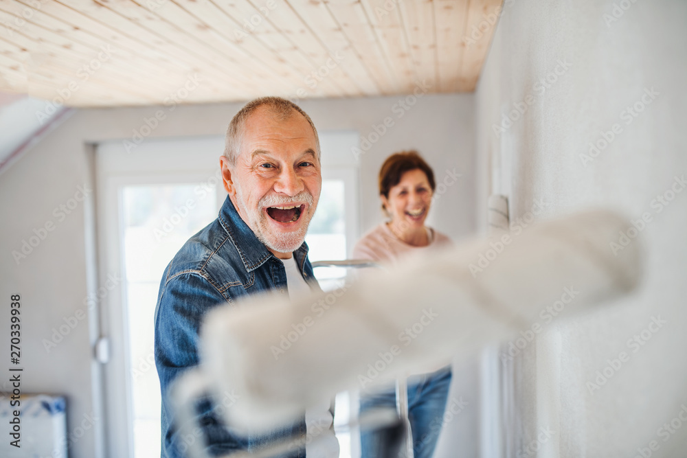 Obraz premium Senior couple painting walls in new home, having fun. Relocation concept.