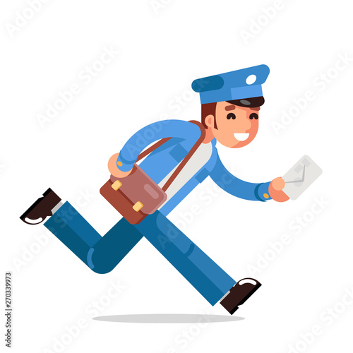 Postman mail letter in hand run correspondence postage delivery hurry isolated character flat design template vector illustration