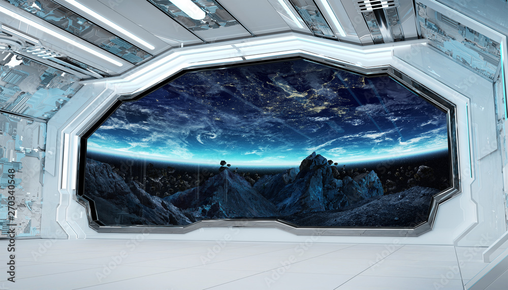 Obraz premium White blue spaceship futuristic interior with window view on space and planets 3d rendering