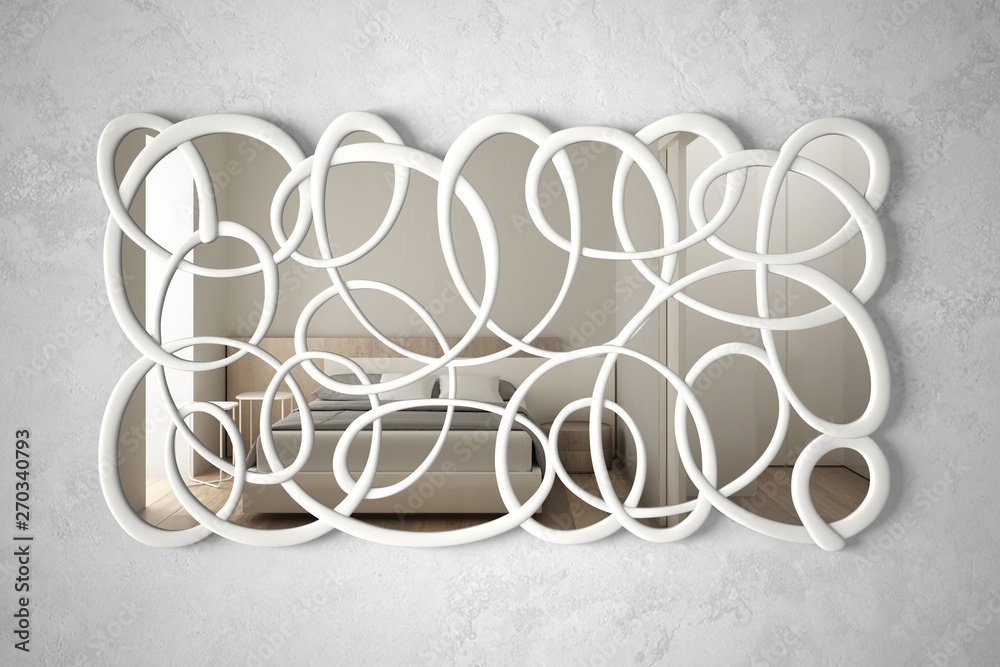 Modern twisted shape mirror hanging on the wall reflecting interior design scene, bright bedroom with double bed, minimalist white architecture, minimalist white architecture Modern twisted shape mirror hanging on the wall reflecting interior design scene, bright bedroom with double bed, minimalist white architecture, minimalist white architecture