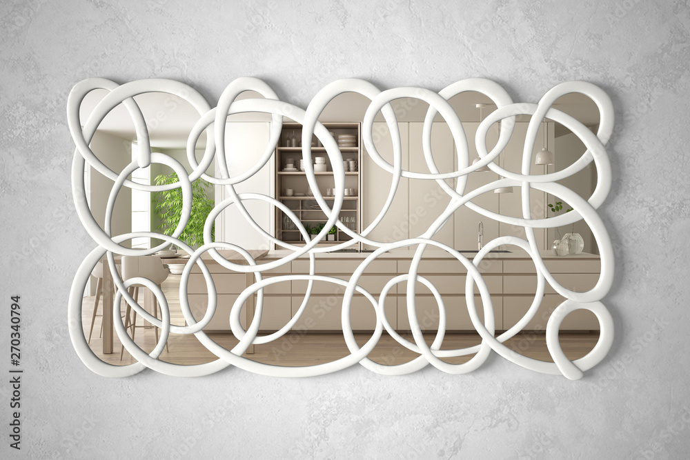 Modern twisted shape mirror hanging on the wall reflecting interior design scene, bright white and wooden kitchen, minimalist white architecture, architect designer concept idea Modern twisted shape mirror hanging on the wall reflecting interior design scene, bright white and wooden kitchen, minimalist white architecture, architect designer concept idea