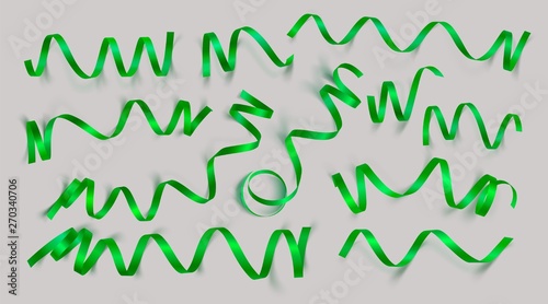 Set of realistic green ribbons on grey background. Vector illustration. Can be used for greeting card, holidays, banners, gifts and etc.