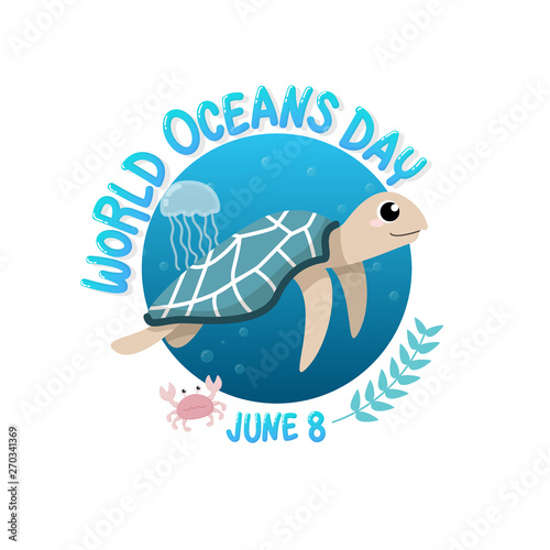 vector of logo for world ocean day with turtle swim in the sea with jellyfish and crab in circle.  world ocean day on June 8 for celebration dedicated to help protect, and conserve world oceans, water