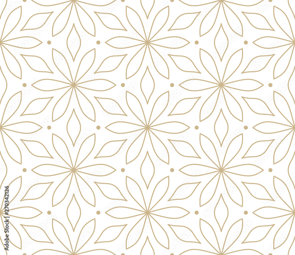 Modern simple geometric vector seamless pattern with gold flowers, line texture on white background. Light abstract floral wallpaper, bright tile ornament