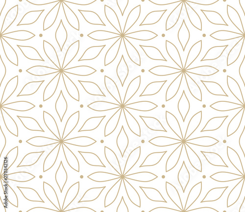 Modern simple geometric vector seamless pattern with gold flowers  line texture on white background. Light abstract floral wallpaper  bright tile ornament