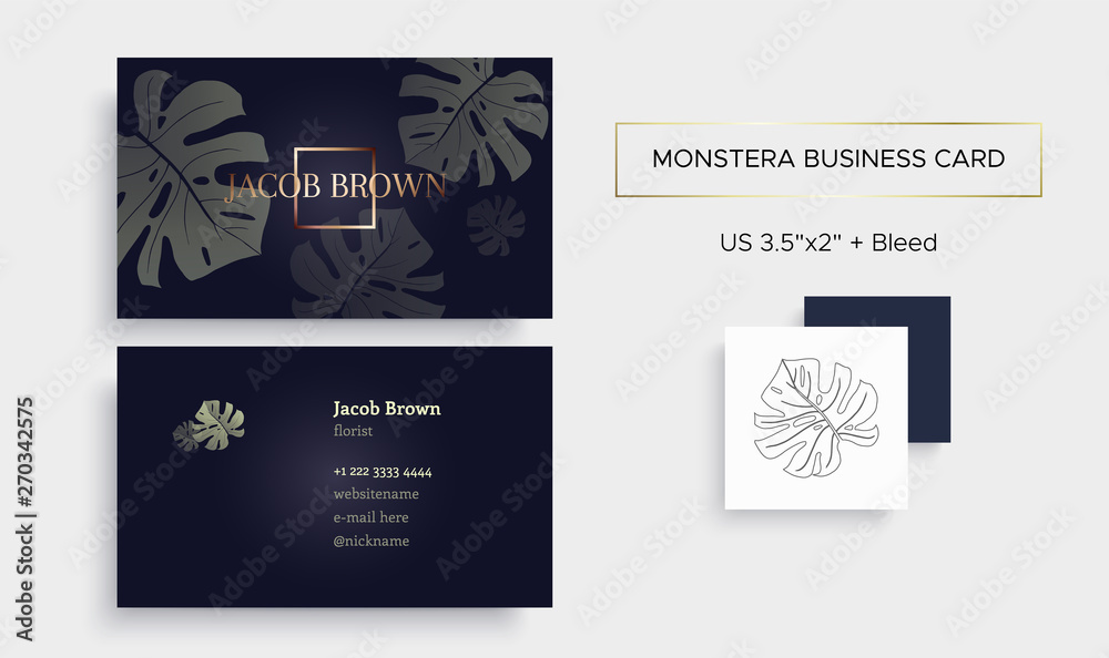 Business card in graphite color with Monstera