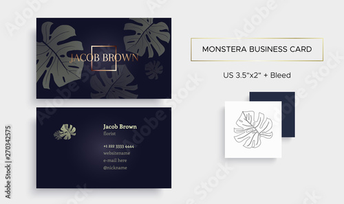 Business card in graphite color with Monstera