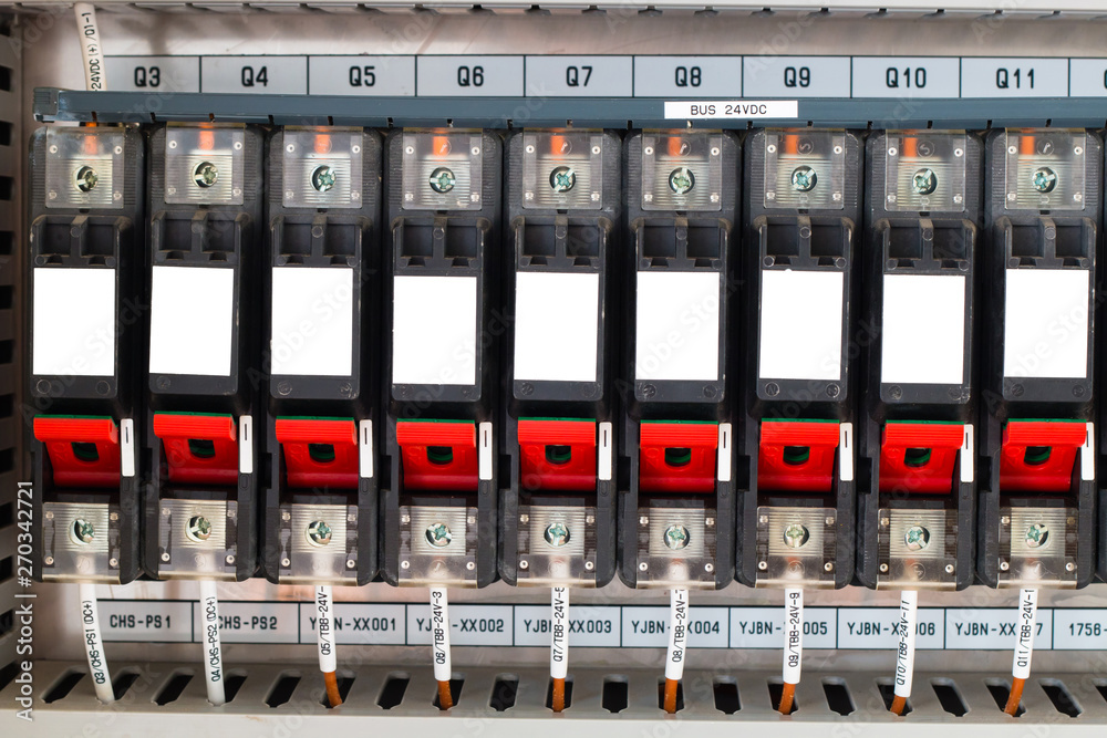 A row of DC switched electrical circuit breakers A row of DC switched electrical circuit breakers