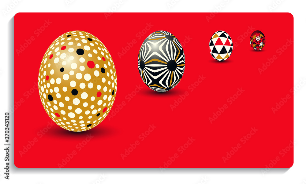 Fototapeta premium card with easter decorated easter eggs standing up in red gold shades