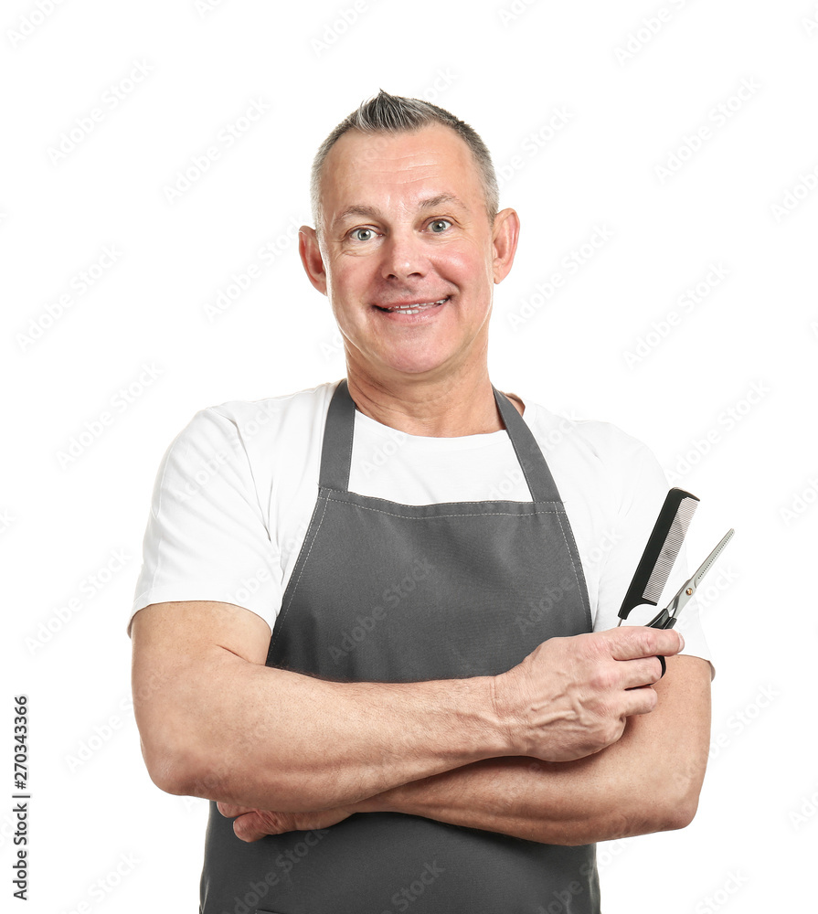 Portrait of handsome middle-aged hairdresser on white background Portrait of handsome middle-aged hairdresser on white background