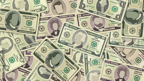  Pile of cartoon dollar banknotes of different denominations - Vector illustration