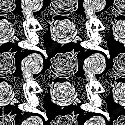 Seamless pattern with magic elf and roses. Tattoo art style. Thumbelina motifs.