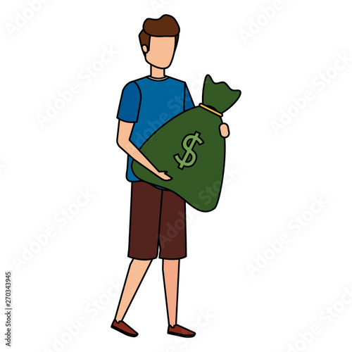 young man lifting money bag