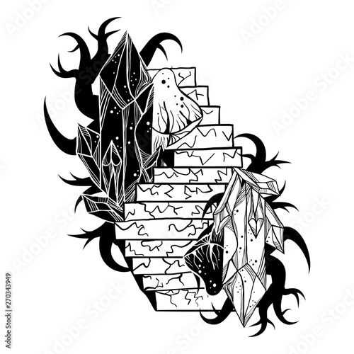 Dark witchy tattoo art style illustration with stairs and crystal gems. Fantasy vibes.