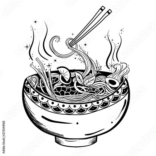 Hand drawn bowl asian noodle soup(udon, miso, pho, ramen). Tattoo art style.
