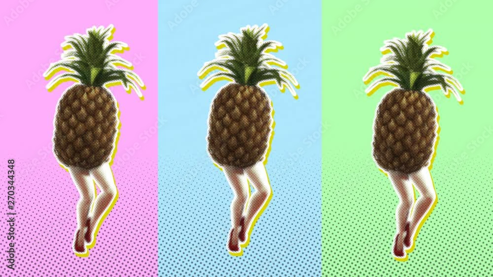 Seamless young animation of cartoon style walking pineapple with halftone effect . Stop motion surreal art with pastel colors background.