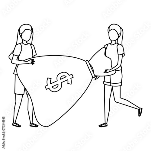 young women lifting money bag characters