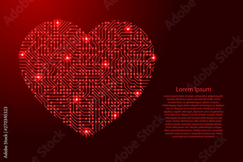 Heart icon symbol of love from printed board, chip and radio component with red star space on the contour for banner, poster. Computer electronics processor motherboard. Vector illustration.
