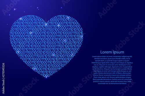 Heart icon symbol of love abstract schematic from blue ones and zeros binary digital code with space stars for banner, poster, greeting card. Vector illustration.