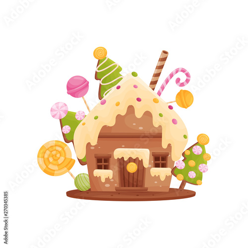 Gingerbread house with new year decoration. Vector illustration on white background.