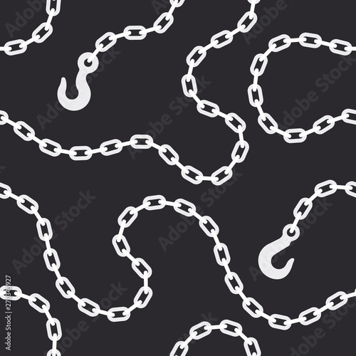 Seamless vector white chain with steel hook. On dark background.