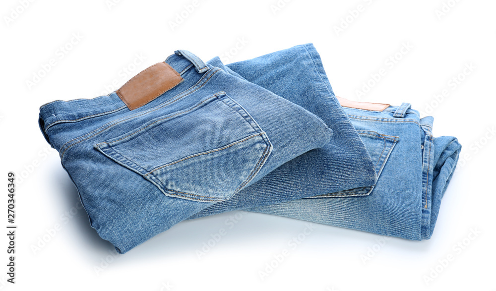 Different jeans pants on white background Different jeans pants on white background